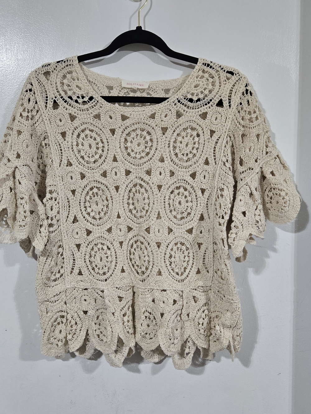 Solitaire Crochet Lace Short Sleeve Top Cream Tan M Cottagecore Boho